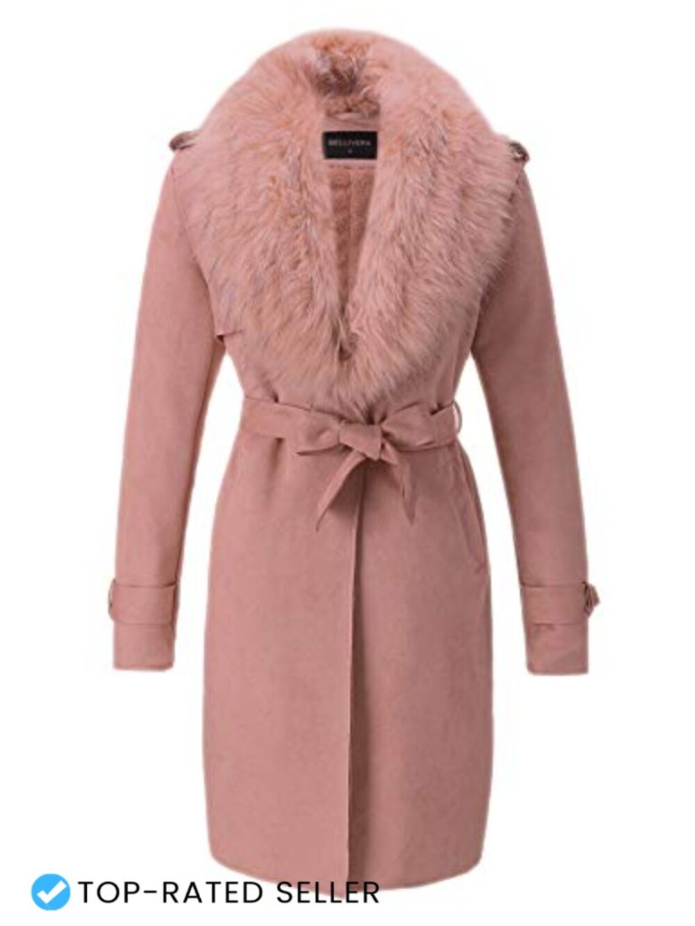 Faux Suede Fleece Lined Trench Coat Belted Faux Fur Collar